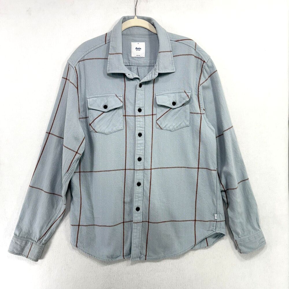 Katin Shirt Men L Blue Plaid Flannel Long Sleeve 100% Cotton Coastal Surf Soft